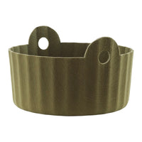 Olive green textured basket with a wavy pattern and two cut-out handles, perfect for stylish organization.