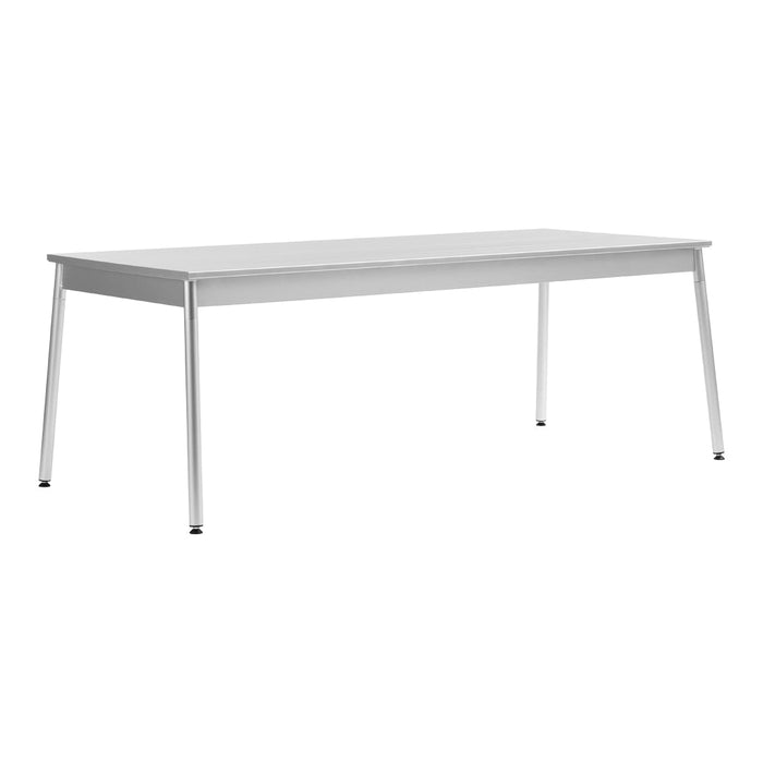 Modern white rectangular table with sleek silver legs, featuring a smooth, minimalistic design and no patterns.