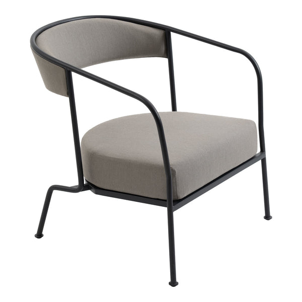 Modern gray upholstered chair with a sleek black metal frame, featuring clean lines and minimalist design.