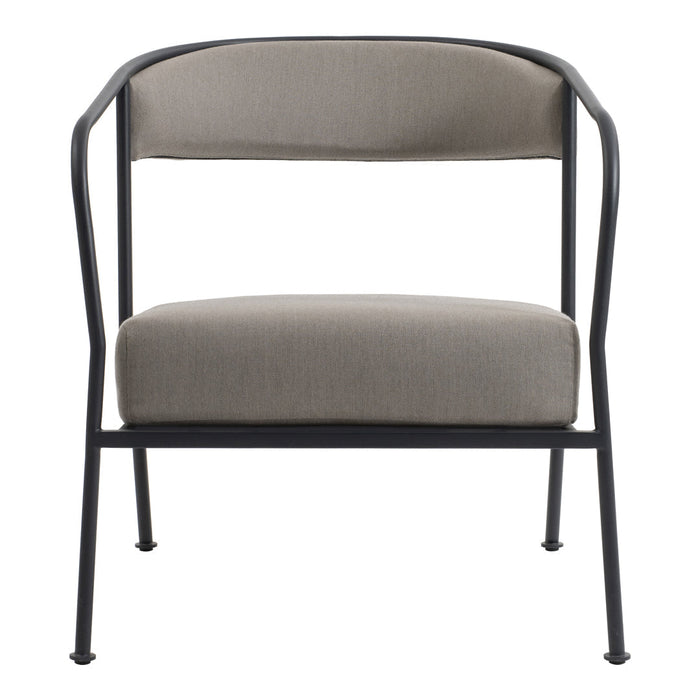 Gray cushioned chair with a sleek black metal frame, featuring a modern minimalist design.