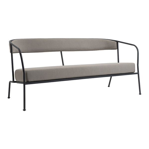 Gray cushion sofa with a sleek black metal frame, featuring a minimalist design and smooth lines.