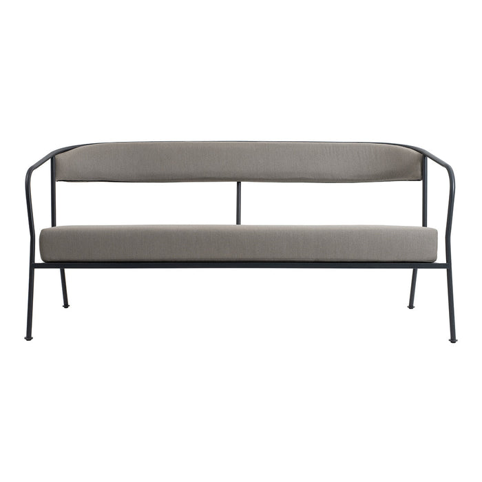 Gray fabric sofa with a sleek black metal frame and minimalist design. Ideal for modern interiors and outdoor spaces.