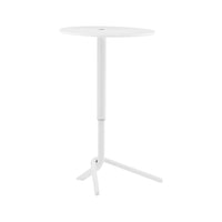White round side table with a minimalist design and smooth surface, featuring a sleek white metal base.