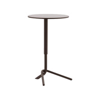 Brown circular table with a sleek minimalist design and matching slender metal base for a contemporary look.