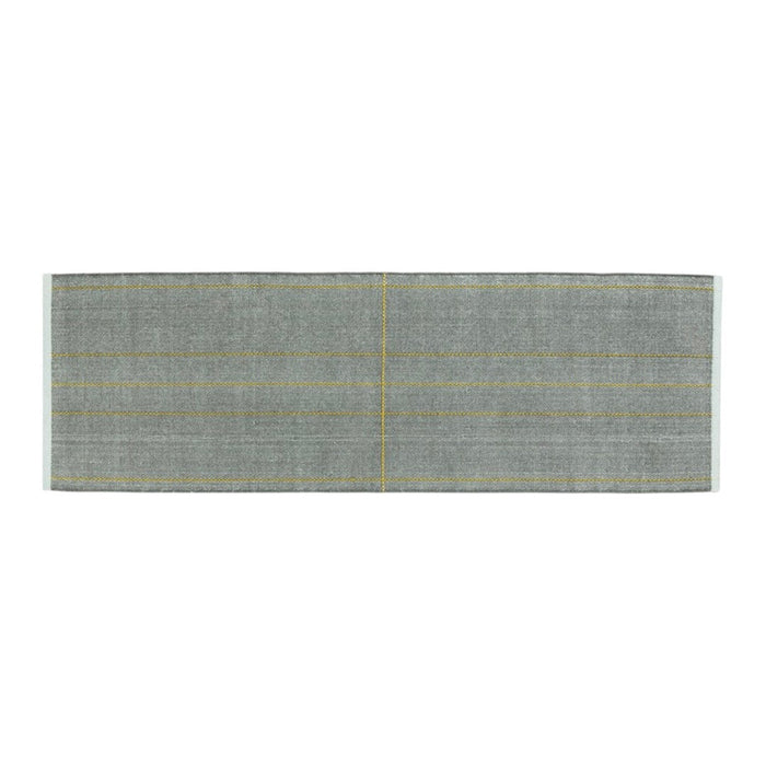 Gray textile runner with subtle yellow and green striped accents, adding a modern touch to your decor.