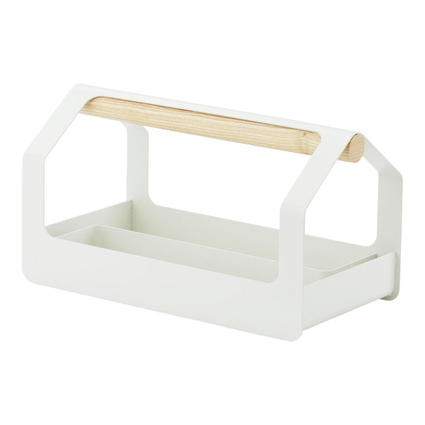 White metal storage basket with a light wood handle, featuring a minimalist design and clean lines.