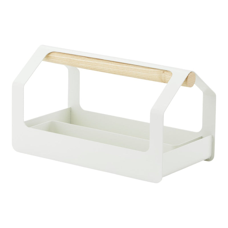 White metal storage basket with a light wood handle, featuring a minimalist design and clean lines.