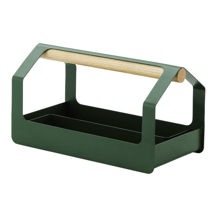 Green metal storage caddy with a natural wood handle, featuring a sleek and modern design.
