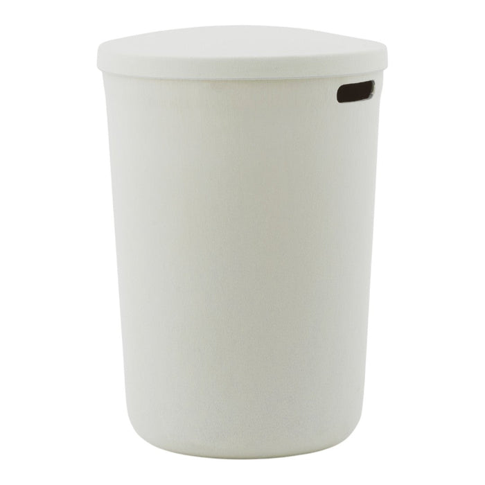 Light beige laundry basket with a smooth texture, featuring a lid and cut-out handles for easy transport.