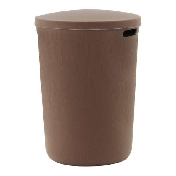 Round brown storage bin with a textured surface and a lid, perfect for organizing spaces.