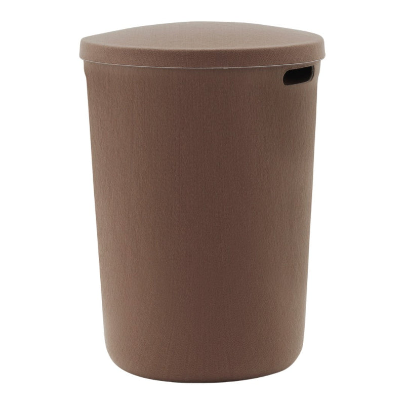 Round brown storage bin with a textured surface and a lid, perfect for organizing spaces.