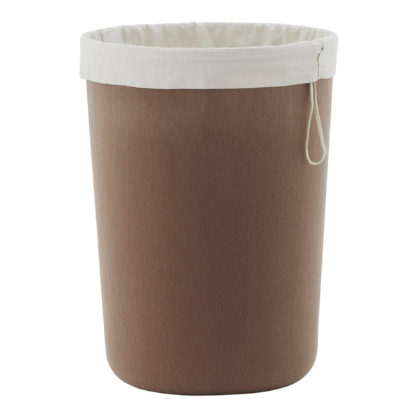Brown fabric storage basket with a cream-colored drawstring top. Simple, modern design for versatile use.
