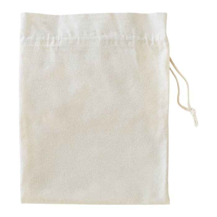 Natural beige drawstring bag with a soft, smooth texture and no visible patterns, perfect for storage or gifts.