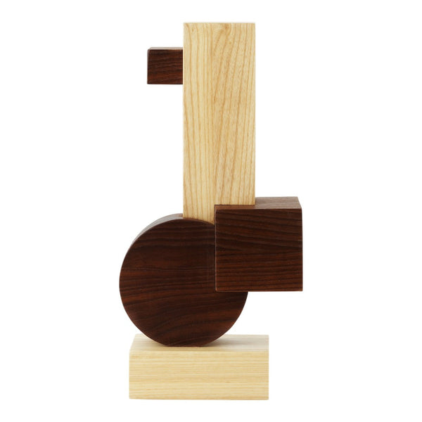 Abstract wooden sculpture in light oak, dark walnut, and natural finishes with geometric shapes and clean lines.
