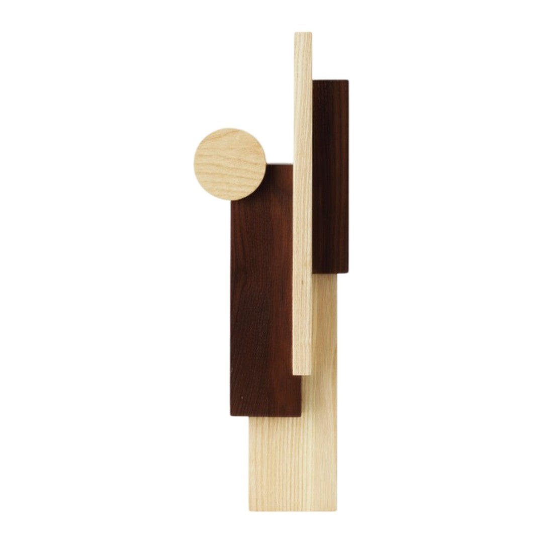 Geometric wooden decor featuring light beige, dark brown, and natural wood tones, creating a modern and minimalist look.