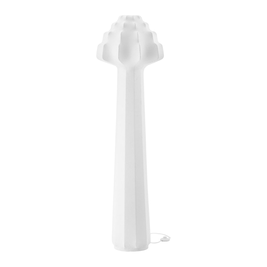 White modern decorative lamp with a textured, elongated design and geometric pattern. Ideal for minimalist decor.