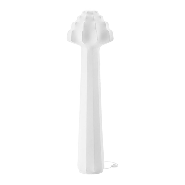 White modern decorative lamp with a textured, elongated design and geometric pattern. Ideal for minimalist decor.