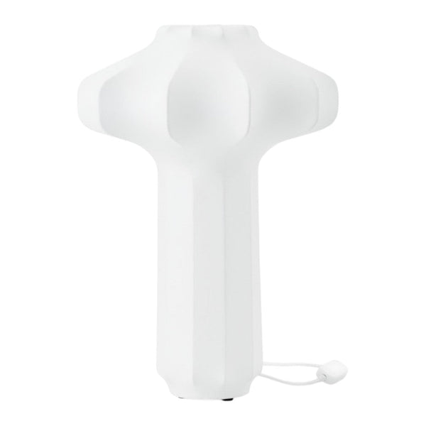 White geometric lamp with smooth and textured surfaces, featuring a modern minimalist design.