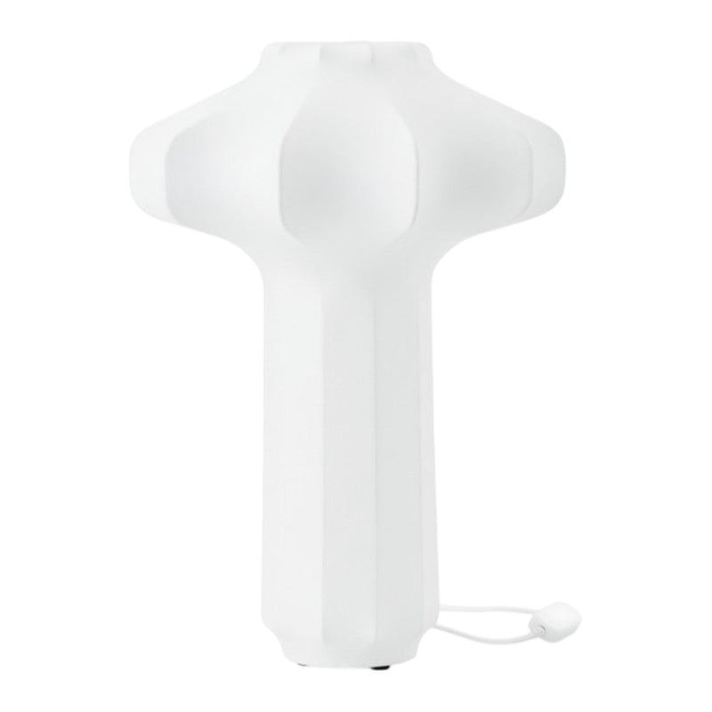 White geometric lamp with smooth and textured surfaces, featuring a modern minimalist design.