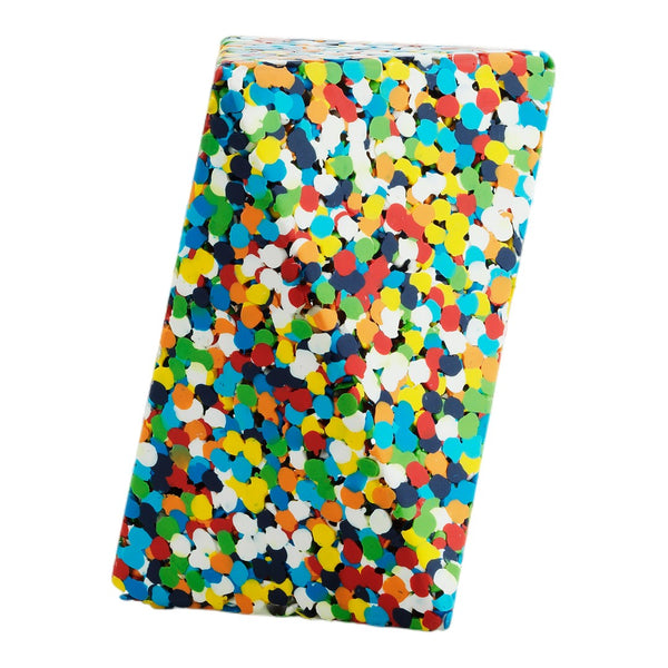 Multicolor pattern with vibrant dots in red, blue, yellow, green, and white on a textured background.
