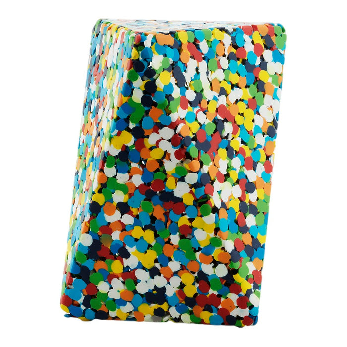 Colorful speckled pattern in blue, green, orange, red, and yellow on a textured surface, adding vibrant character.