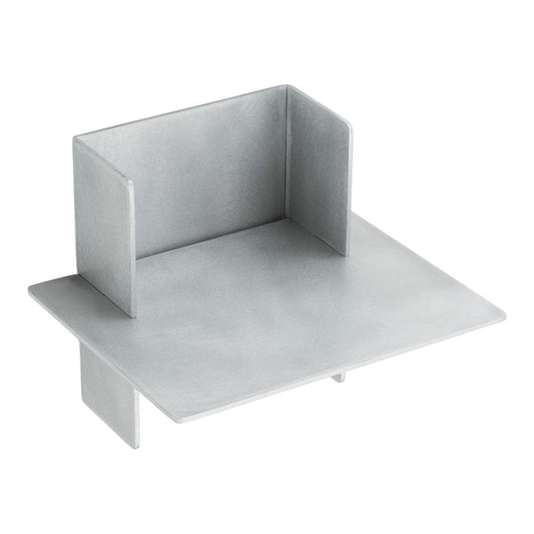 Silver metal bookend with a brushed finish and geometric design.