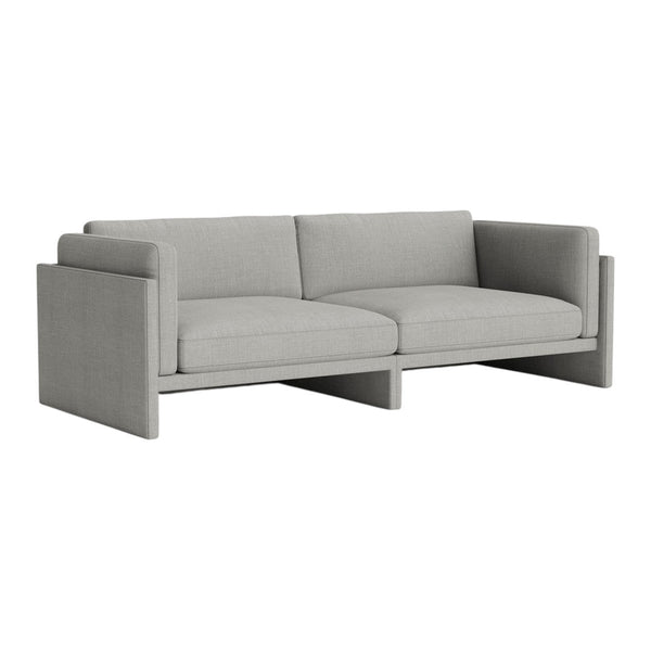 Light gray sofa with a smooth, textured fabric; minimalist design with clean lines and no visible patterns.
