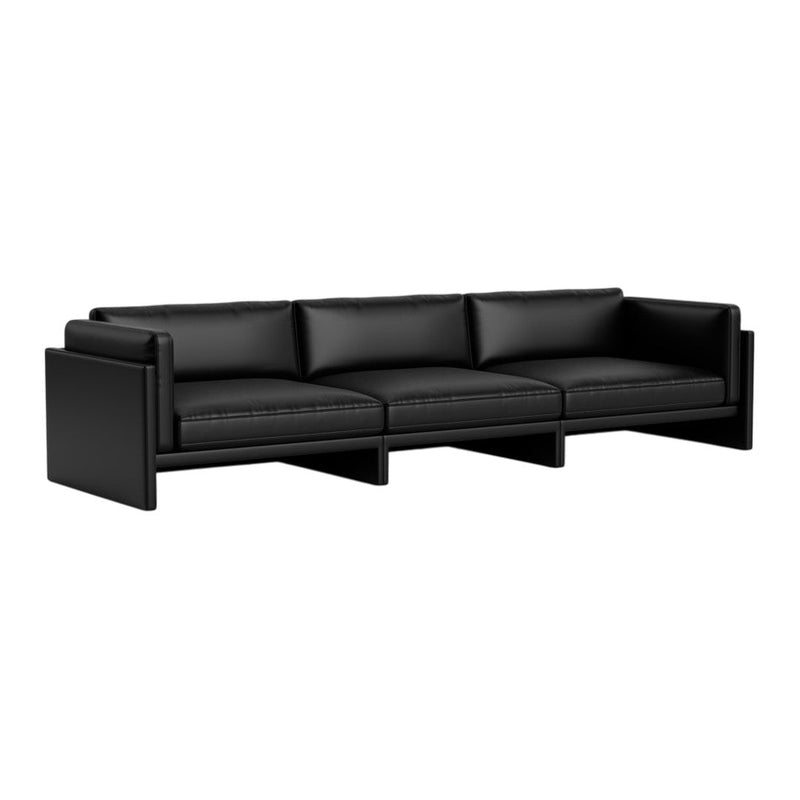 Black leather sectional sofa with sleek lines and modern design, featuring smooth cushions and sturdy frame.