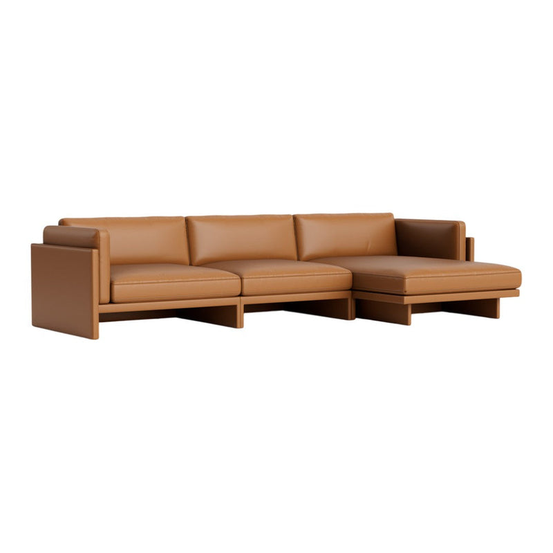 Stylish brown leather sectional sofa with a smooth, modern design and sleek lines, perfect for contemporary spaces.