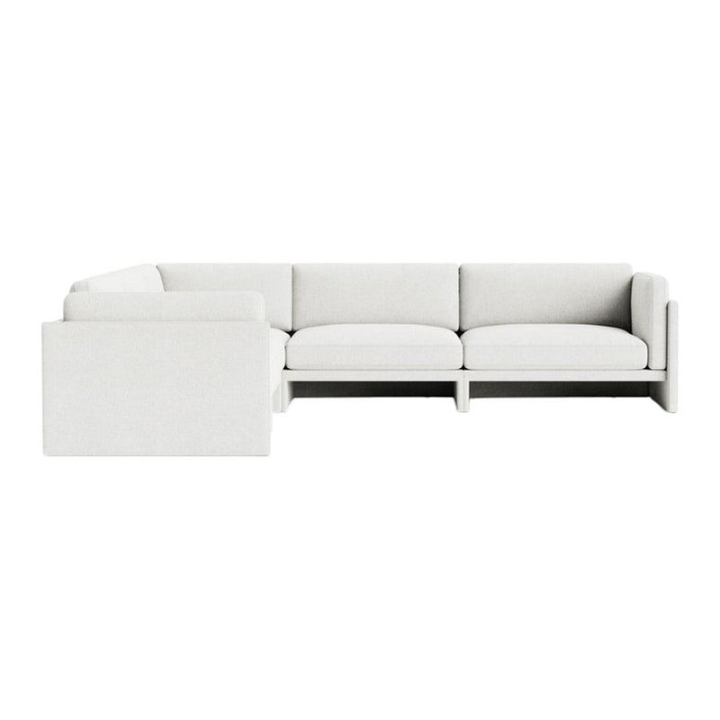 Modern white sectional sofa with a subtle textured pattern and clean lines, perfect for minimalist decor.