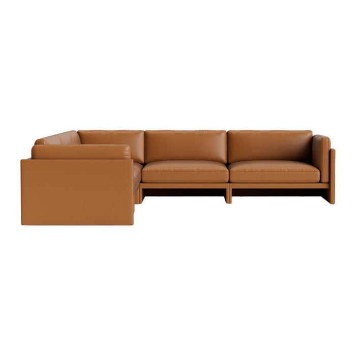 "Modern brown leather sectional sofa with smooth texture and minimalist design."