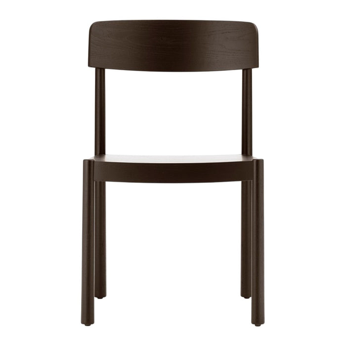 Dark brown wooden chair with a minimalist design and smooth finish, ideal for modern interiors.