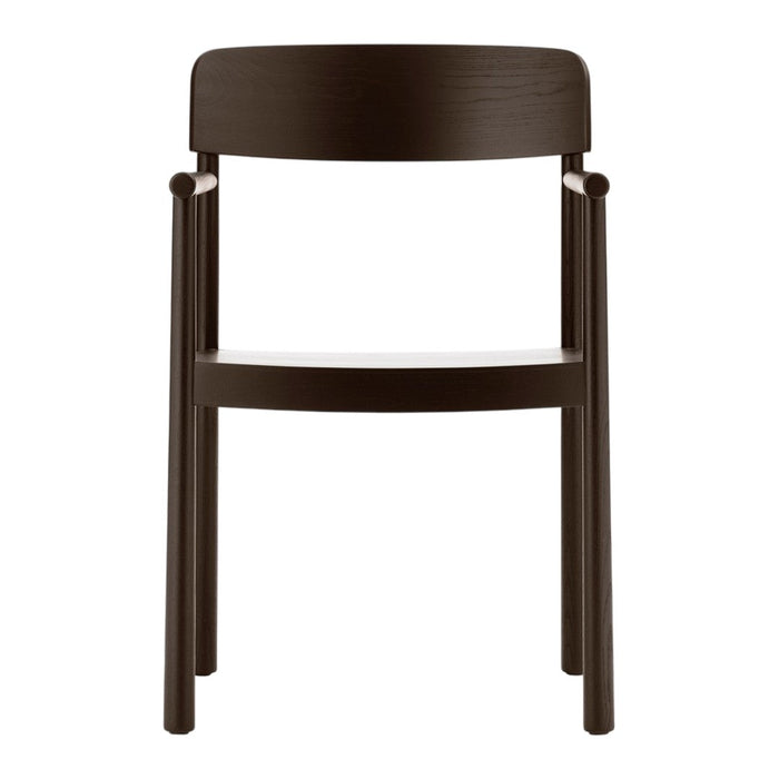 Dark brown wooden chair with a simple design and a smooth, matte finish.