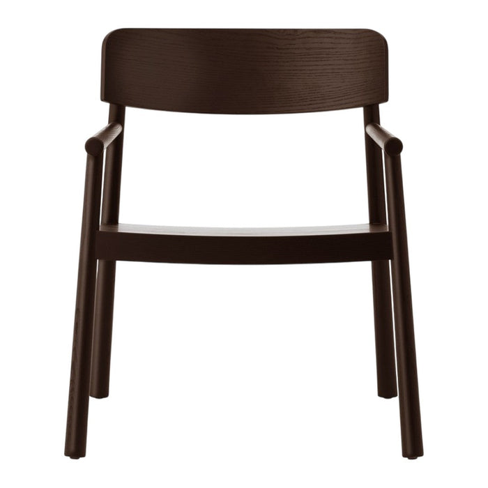 Dark brown wooden chair with a smooth finish and minimalist design, featuring a simple structured pattern.
