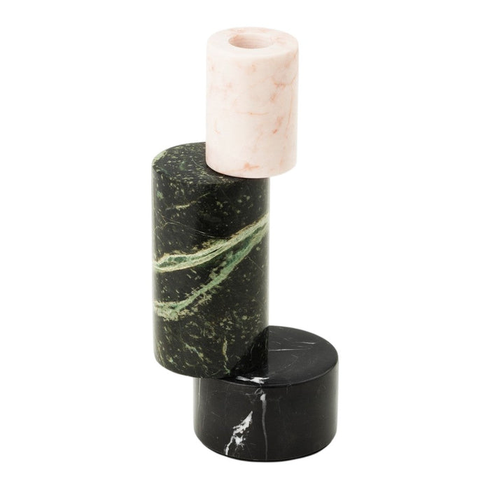 Colorful marble candle holder in pink, green, and black with unique veining patterns. Modern decorative accent piece.