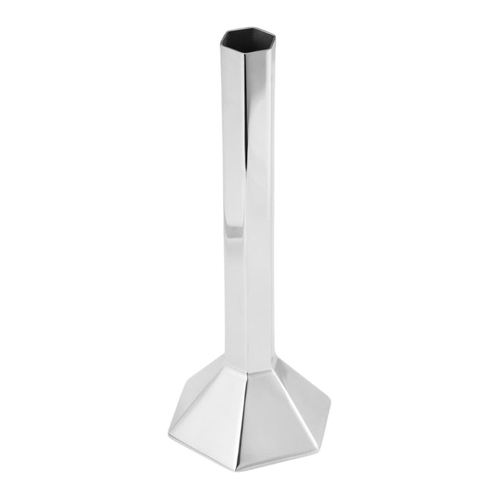 Silver metallic vase with a sleek, geometric design and a hexagonal base, featuring a polished finish.