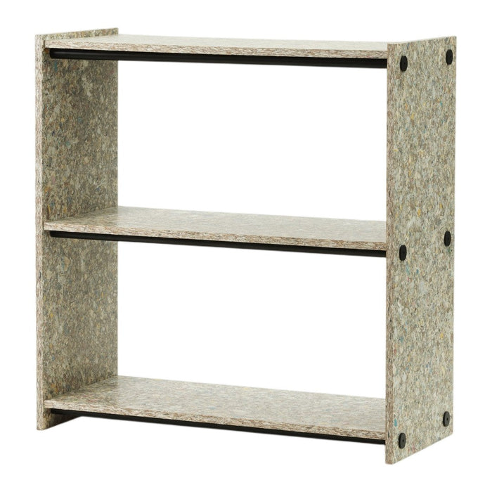 Light gray, textured shelf with natural speckles and black accents, featuring a minimalist design and two open shelves.