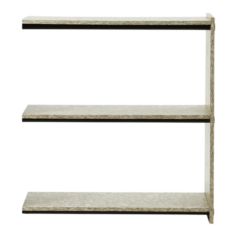 Three-tiered shelf with a textured light gray finish and sleek black accents. Modern design for any space.