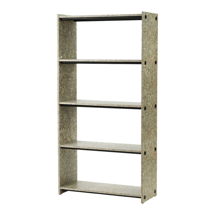 Light gray bookshelf with a textured pattern, featuring five open shelves and a minimalist design.
