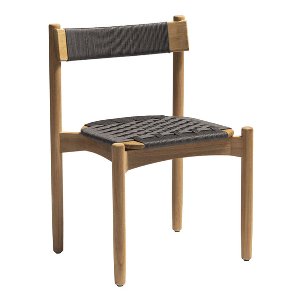 Natural wood chair with a sleek gray woven seat and back, featuring a minimalistic design and textured patterns.
