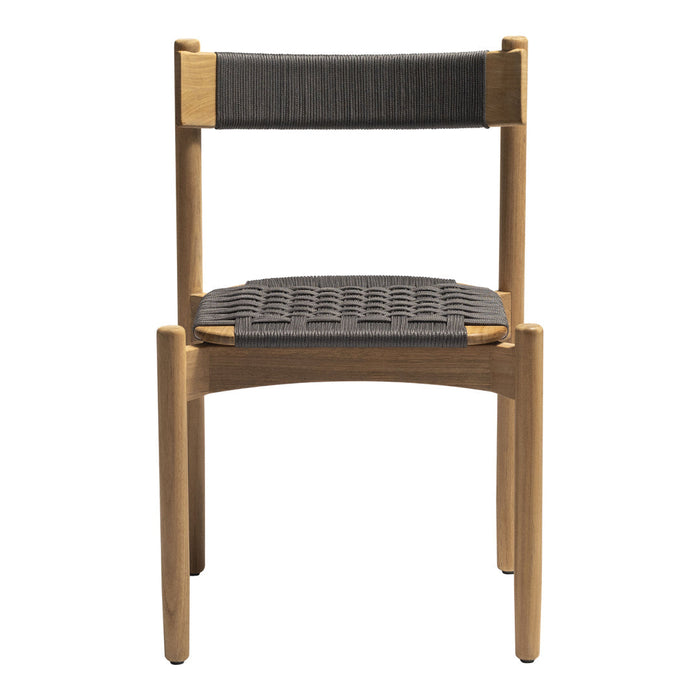 Wooden chair with a natural finish, featuring a dark gray woven seat and backrest. Modern, minimalist design.