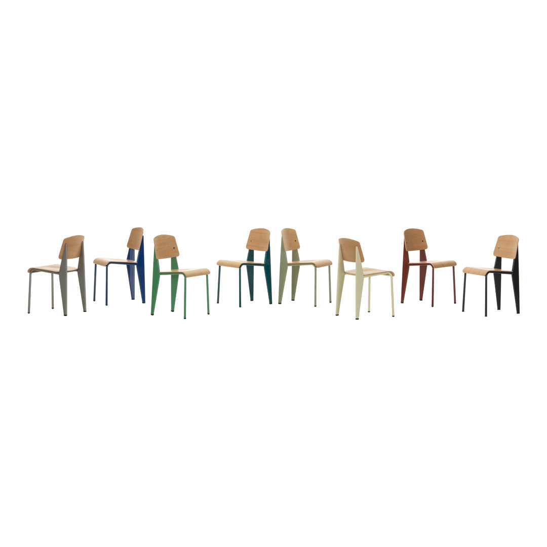 Colorful stackable chairs in blue, green, yellow, and natural wood tones, featuring sleek designs and minimalist style.