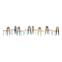 Colorful stackable chairs in blue, green, yellow, and natural wood tones, featuring sleek designs and minimalist style.