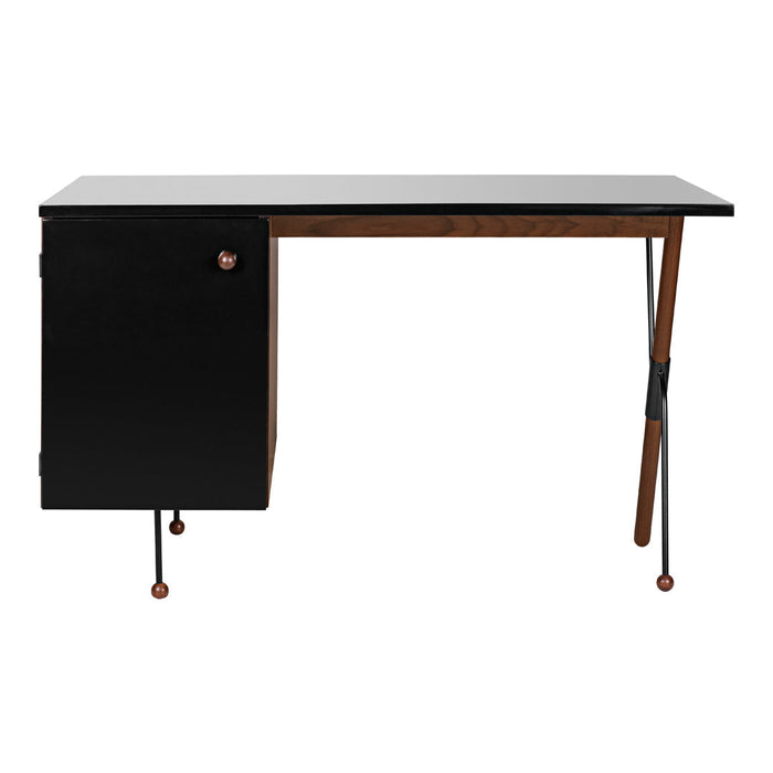 Modern black desk with a sleek walnut finish and brass accents, featuring clean lines and minimalistic design.