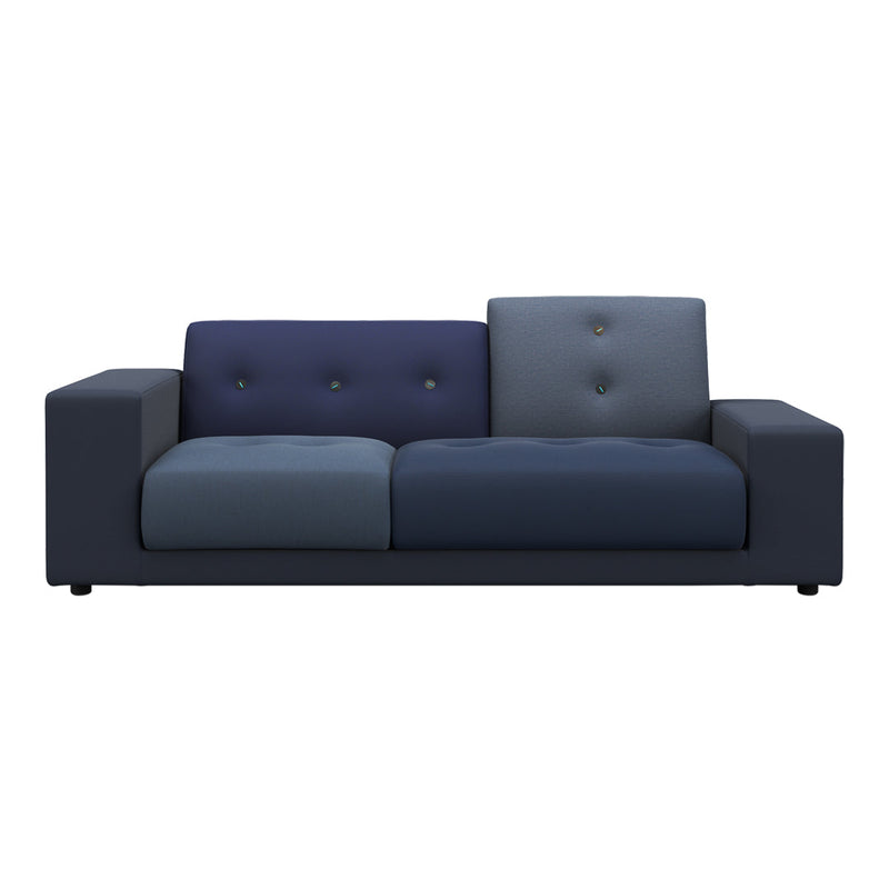 Stylish navy and blue two-tone sofa with buttoned detailing, perfect for modern living spaces.