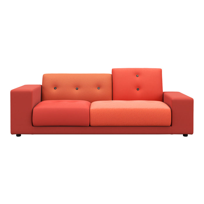Colorful two-tone sofa in shades of red and orange with button-tufted design. Perfect for a vibrant living space. 