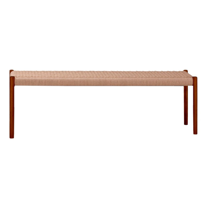 Light beige woven bench with a sleek wooden frame in rich brown tones, showcasing a minimalist design.