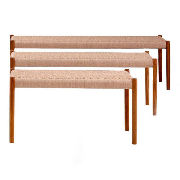 Set of three benches featuring a natural light beige woven seat and warm wood legs, showcasing a minimalist design.