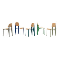 Colorful chairs in gray, blue, green, and beige with modern, minimalist design and natural wood accents.