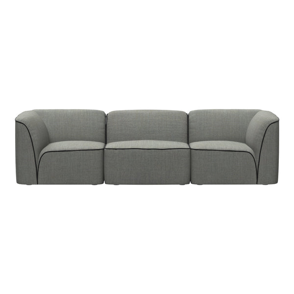 Gray sofa with smooth fabric and contrasting dark trim, featuring a minimalist, modern design.